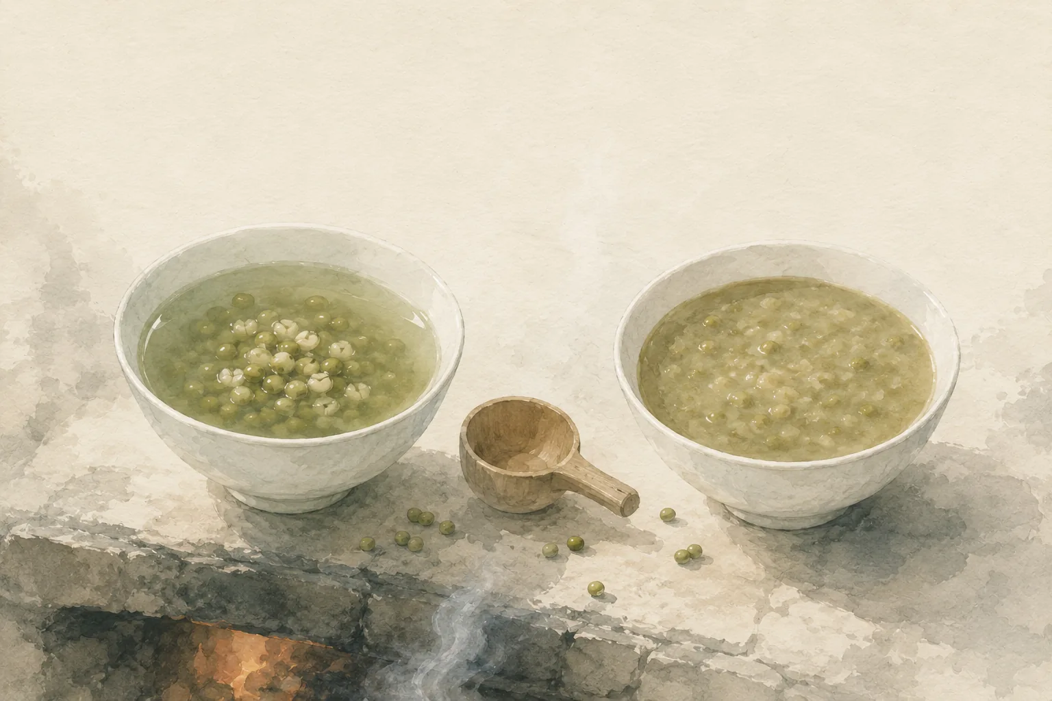 同一鍋豆的兩種樣子：左為豆粒剛開花的清湯，右為熬爛的綠豆沙